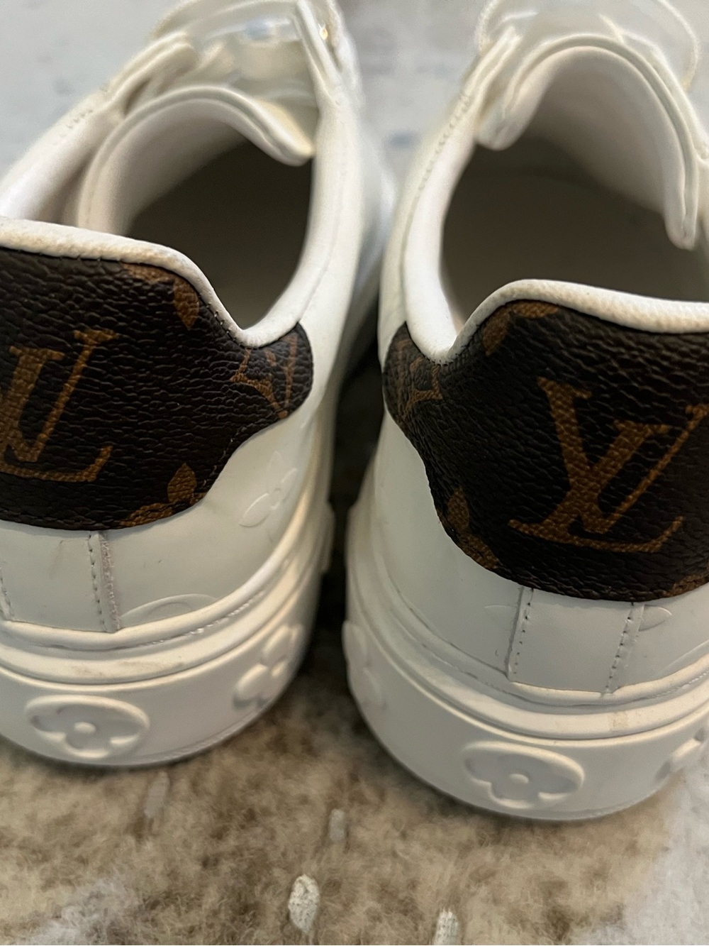 White Sneakers with Brown Monogram Heel